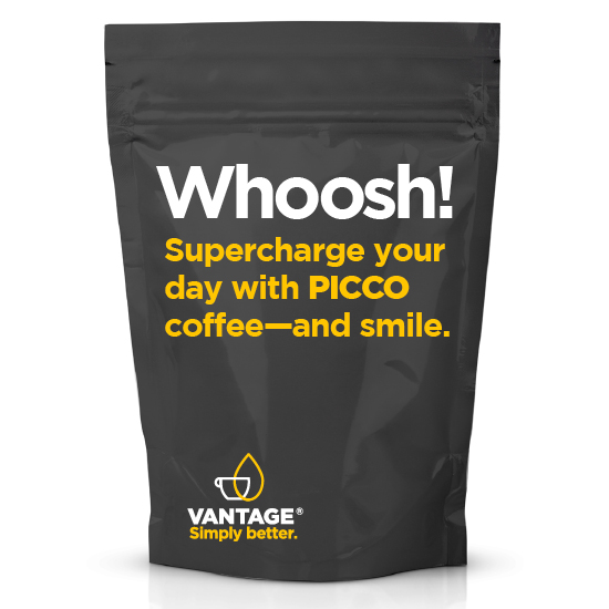 Vantage Coffee branded coffee bag with “Whoosh!” headline