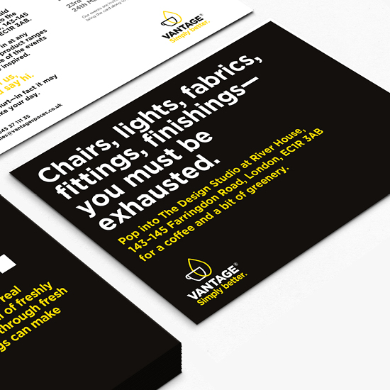 Vantage Coffee business cards with bold typographic messaging