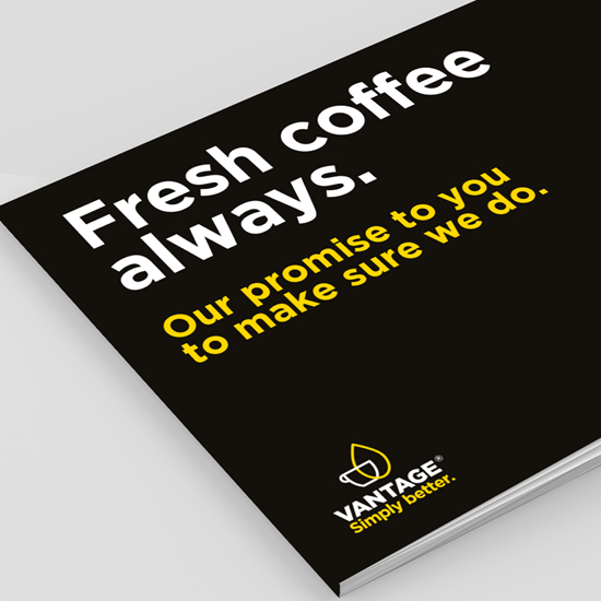 Vantage Coffee brochure reading “Fresh coffee always”