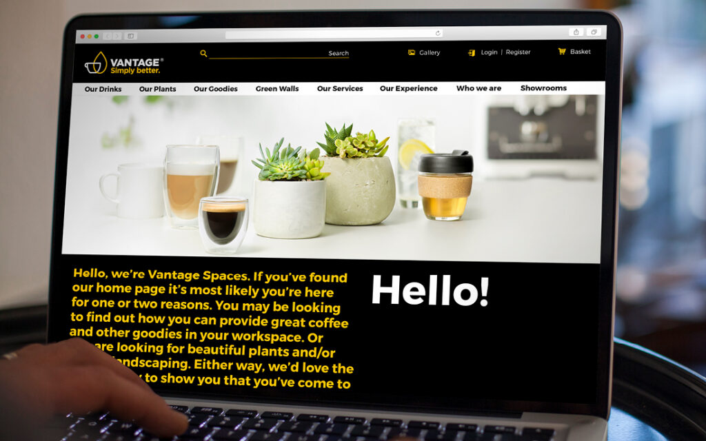 Vantage Coffee website displayed on a laptop