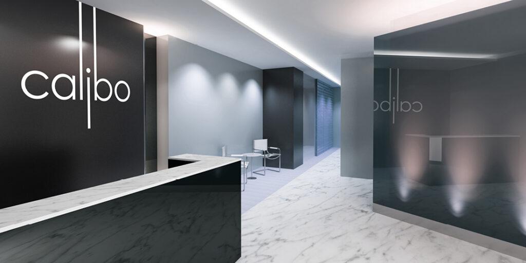 Calibo showroom reception with illuminated product displays