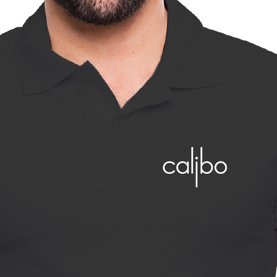 Black polo shirt embroidered with the Calibo wordmark