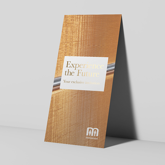 Folded Maxwood promotional leaflet with gold geometric pattern