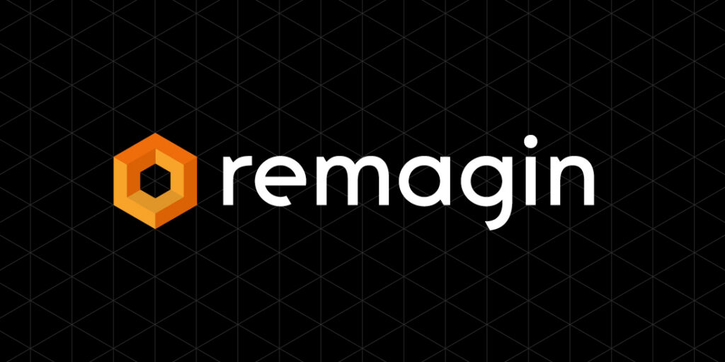 Remagin wordmark and orange geometric symbol on black